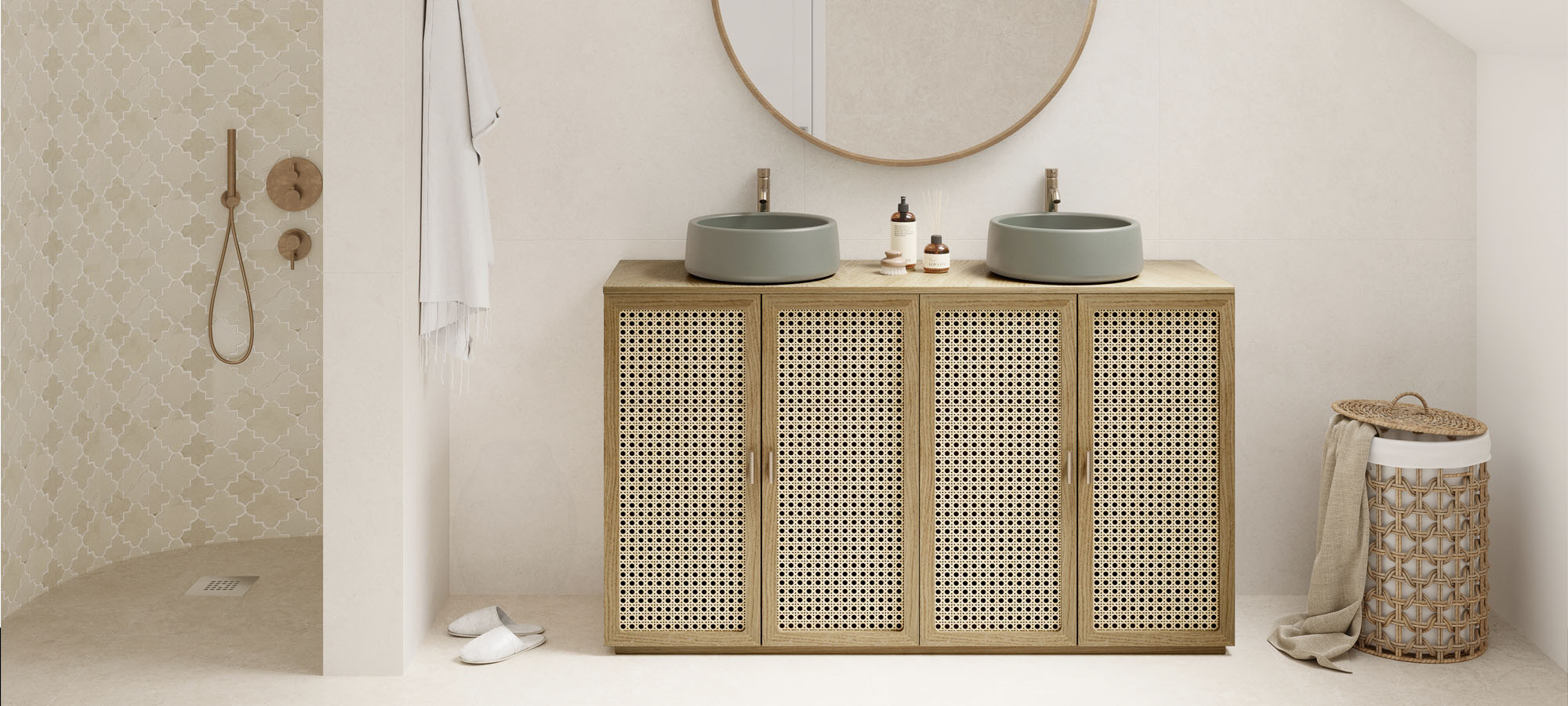 Mueble de baño a suelo de ratán con lavabo de microcemento