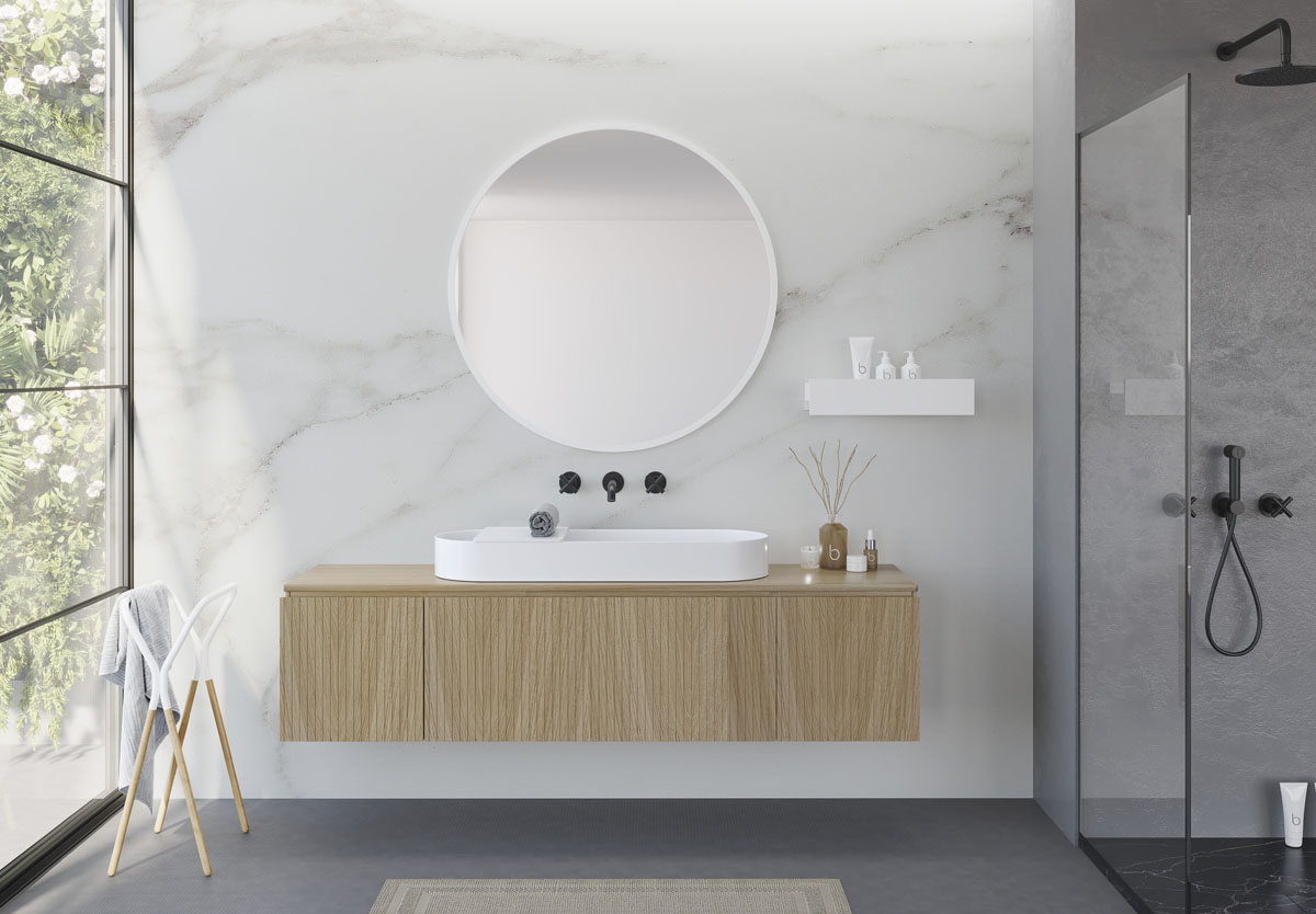 Milán mueble con relieve y uñero en madera natural con modular y lavabo tipo bol