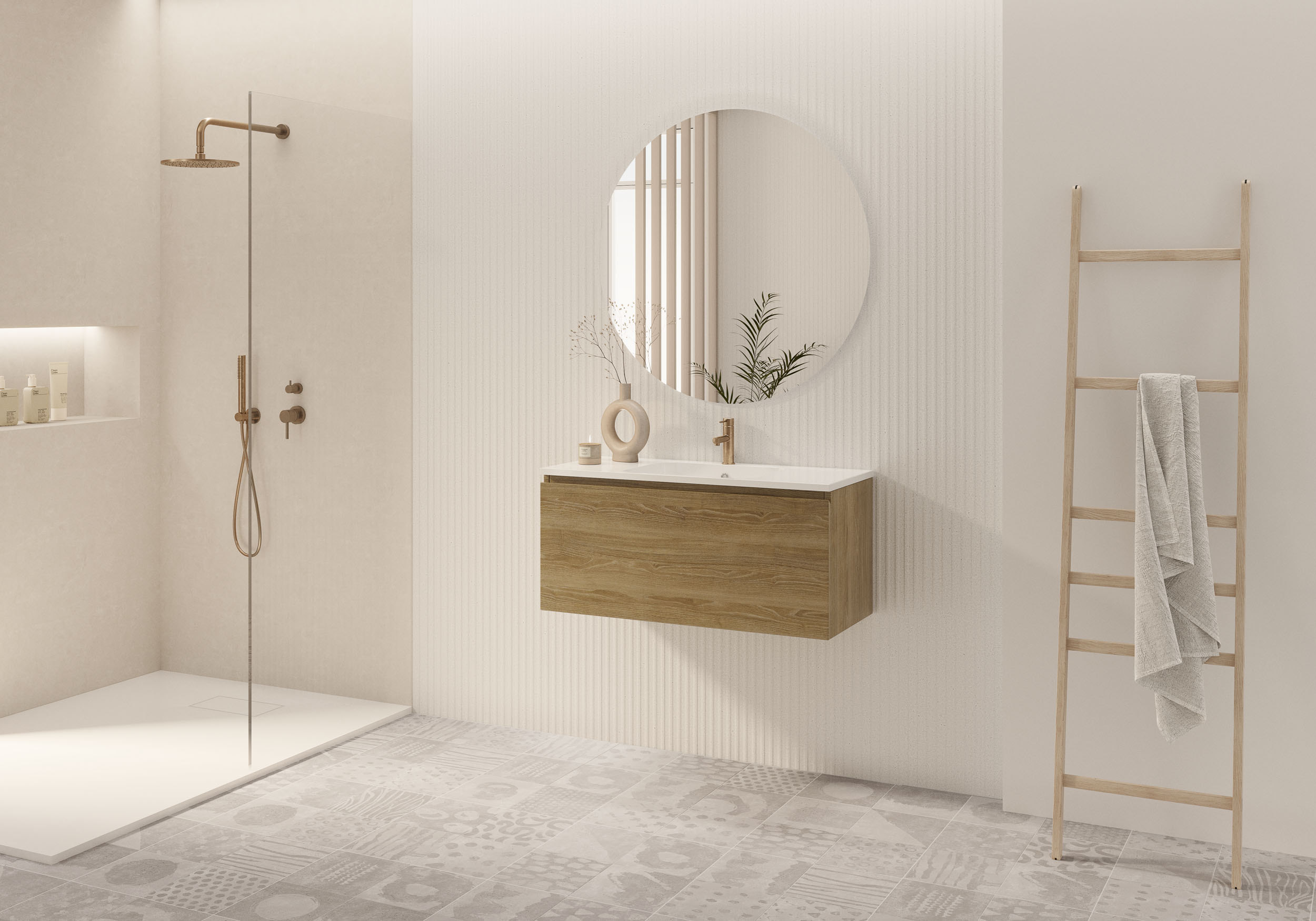 Colección Smart, una serie express disponible en menos de 72h en acabado roble nature con lavabo tena cerámico y espejo Olivia