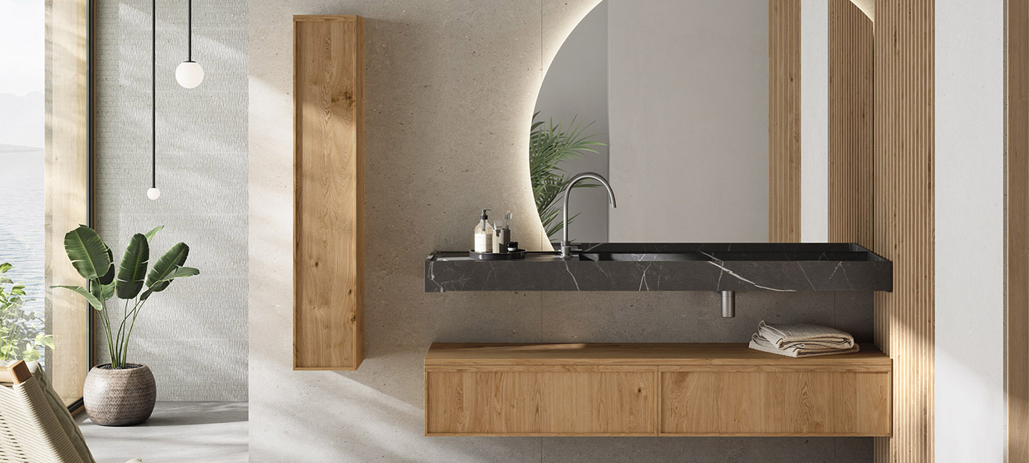 Colección Boston en madera con lavabo de mármol en Pietra Grey y Columna