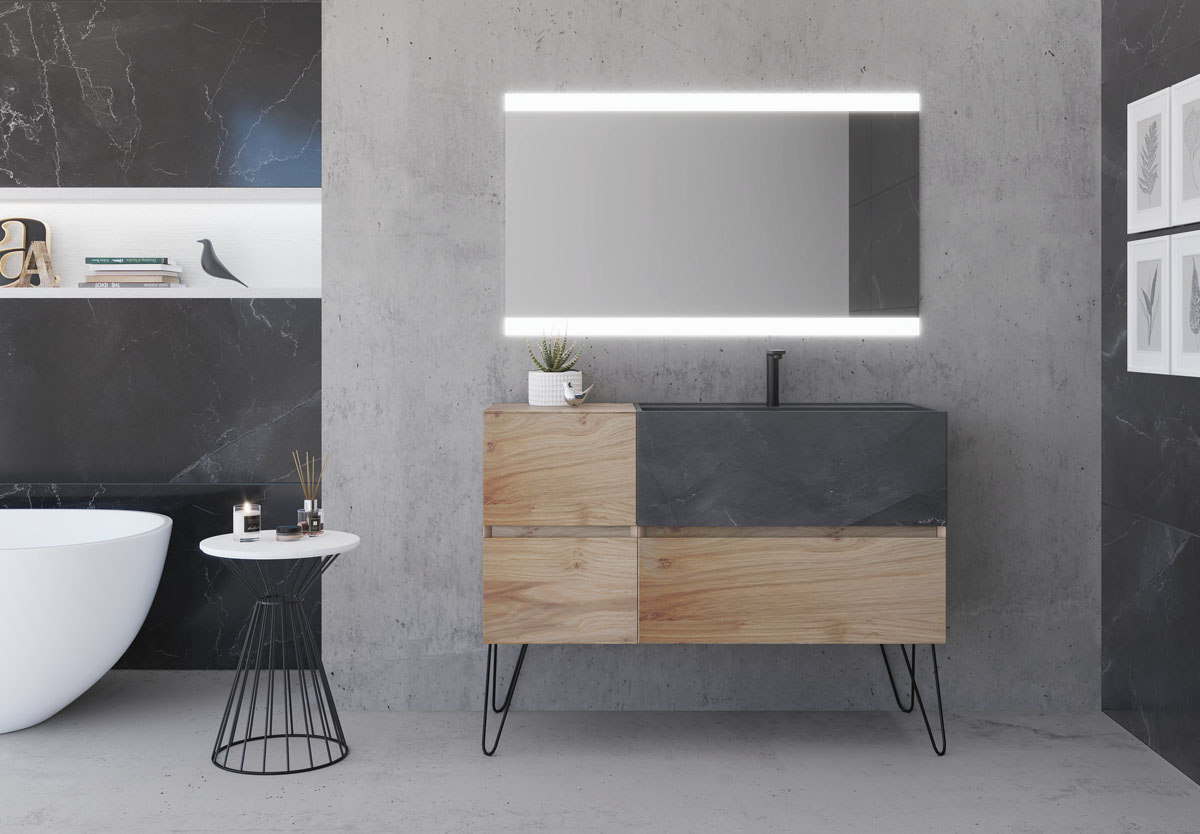 Mueble para baño de madera con lavabo en mármol Pietra Grey con espejo Shine