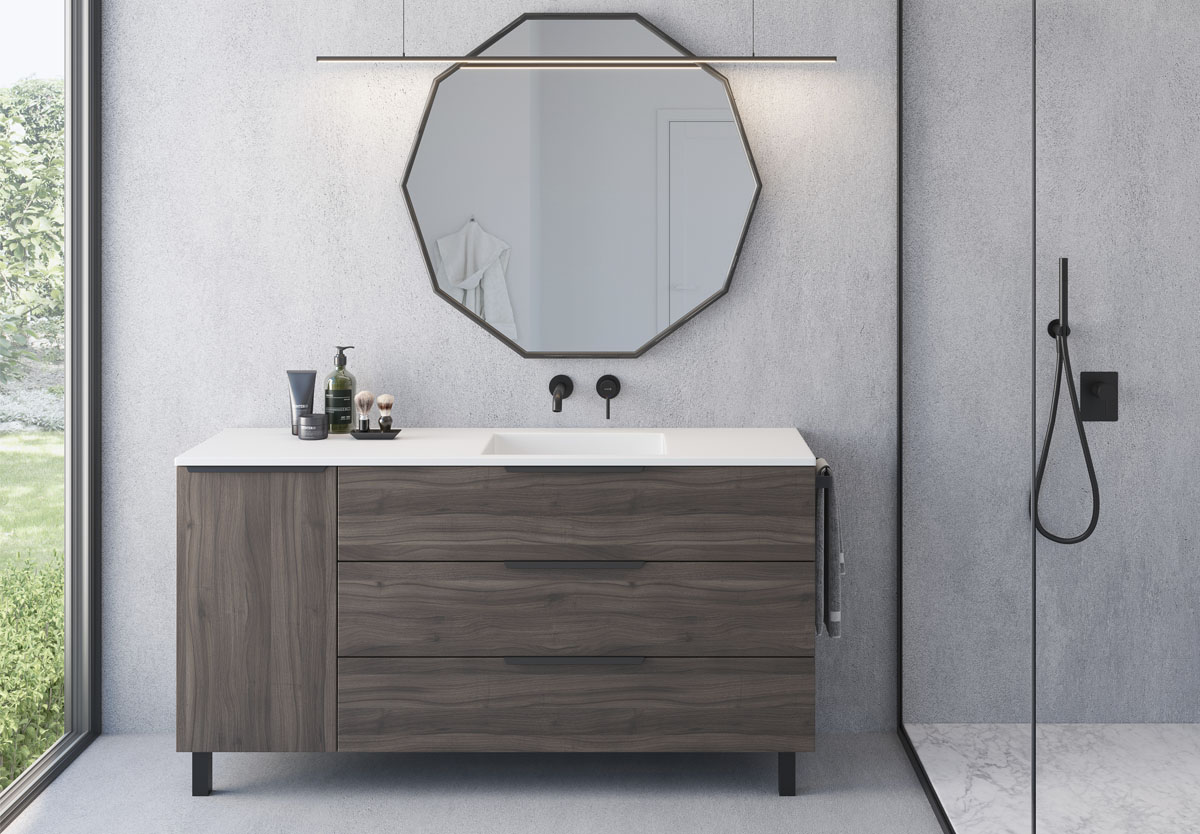 Mueble de baño Bonalife con efecto madera con patas a medida y espejo con marco