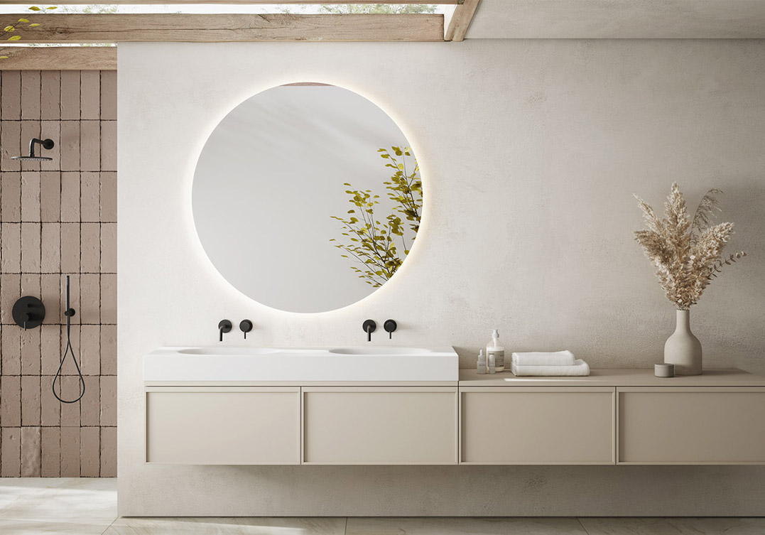 Mueble Boston con cajones en color crema con lavabo Apolo de Krion