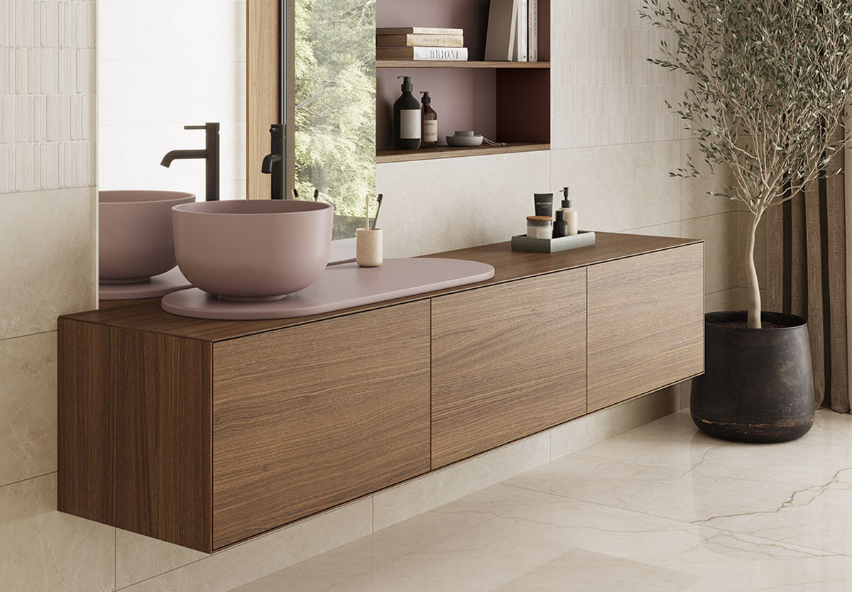 Mueble colección lea de tres cajones con madera y tapa y lavabo en rosa