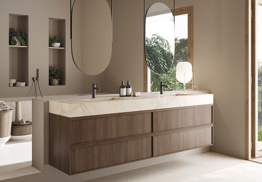 Mueble de baño de la colección Boston en madera natural Oak con lavabo en mármol crema marfil y espejo Venus con mástil doble